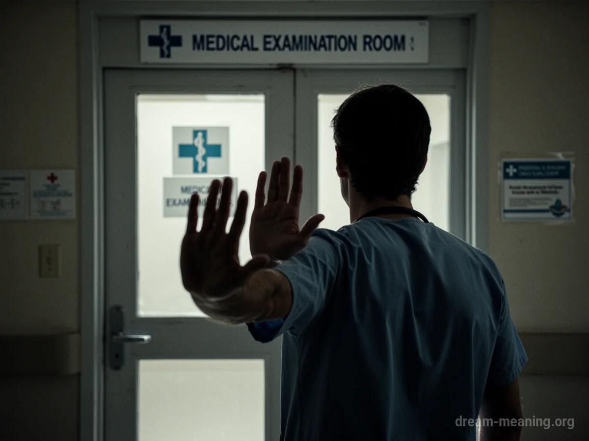 Silhouette of a person blocking the entrance to a medical room.