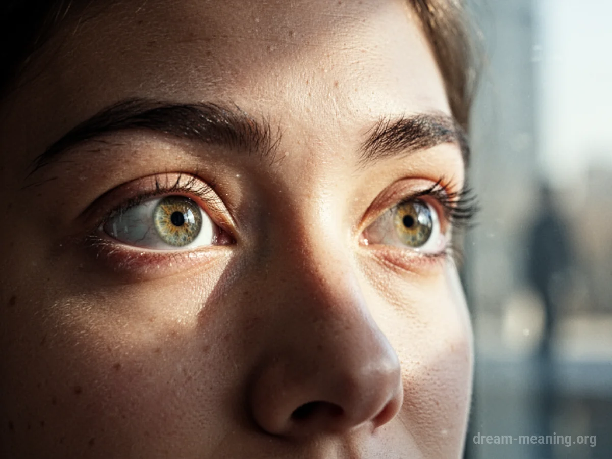 A person's eyes opening, with light shining into them and the surroundings becoming sharp.