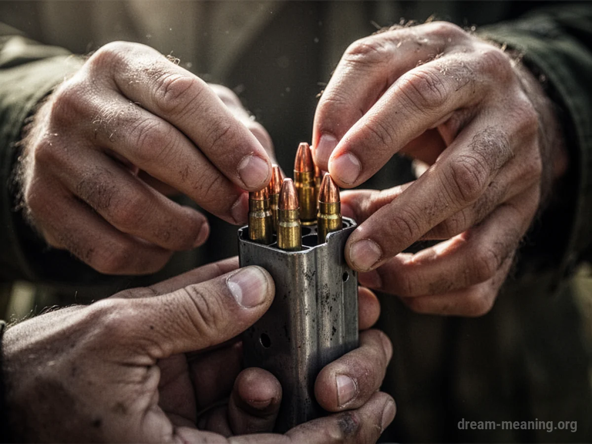 Hands loading bullets into a firearm magazine.