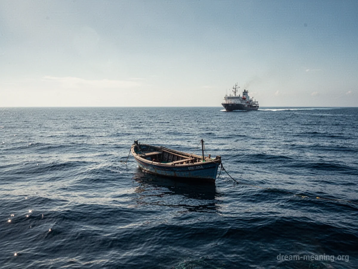 A small boat with a single figure visible on a calm sea with a larger ship approaching.