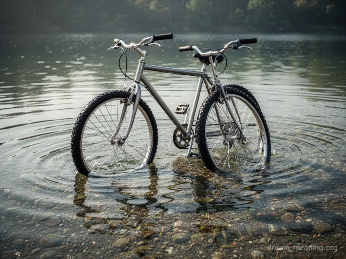 A bicycle partially submerged in shallow water.