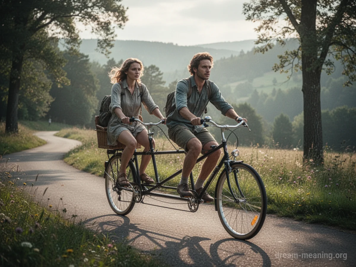 Two people on a tandem bicycle on a path.
