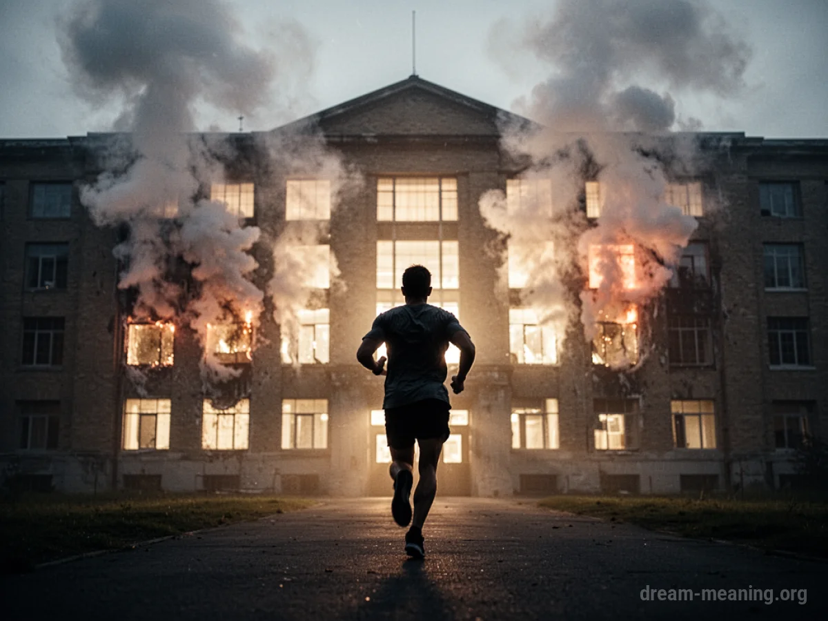 Silhouette of a person running towards a burning building.