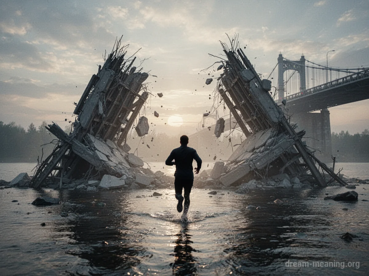 Silhouette of a person running from a bridge that is breaking apart.
