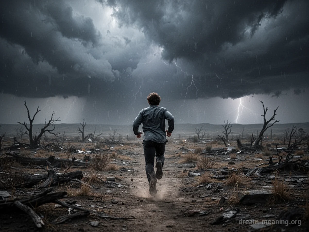 A silhouette of a person running across a barren field, with dark clouds overhead.