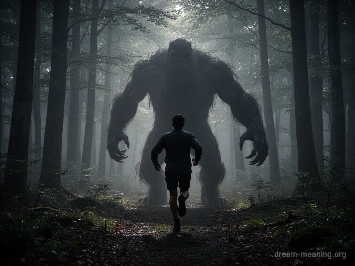 Silhouette of a person running through a dark forest with a large shadow behind them.