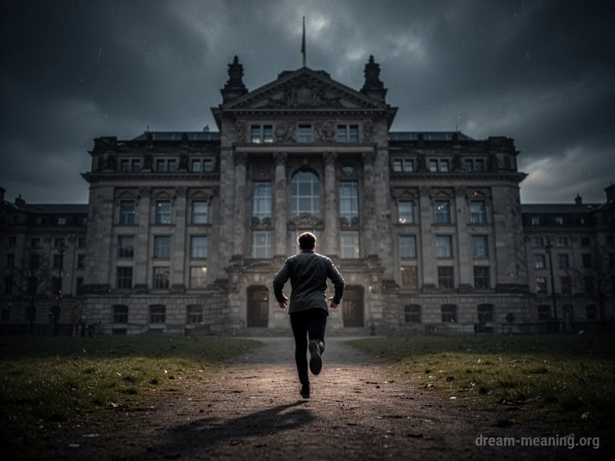 Silhouette of a person running away from a large, shadowed building.