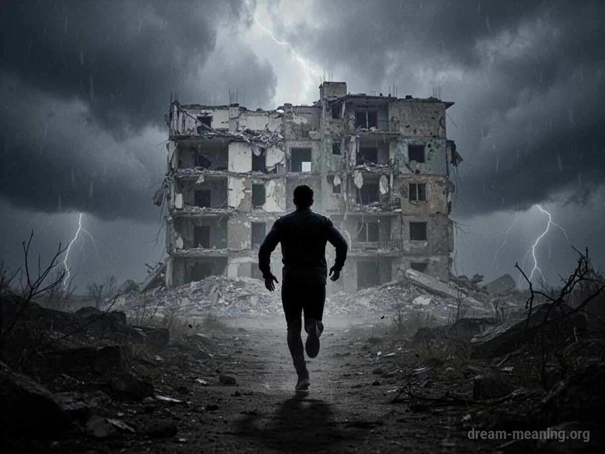 Silhouette of a person running away from a crumbling building.