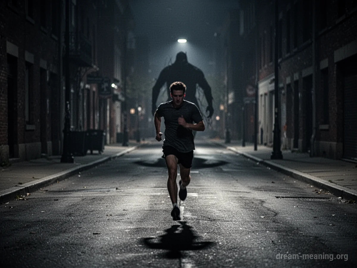 A person running down a dark street with a shadowy figure in the distance.