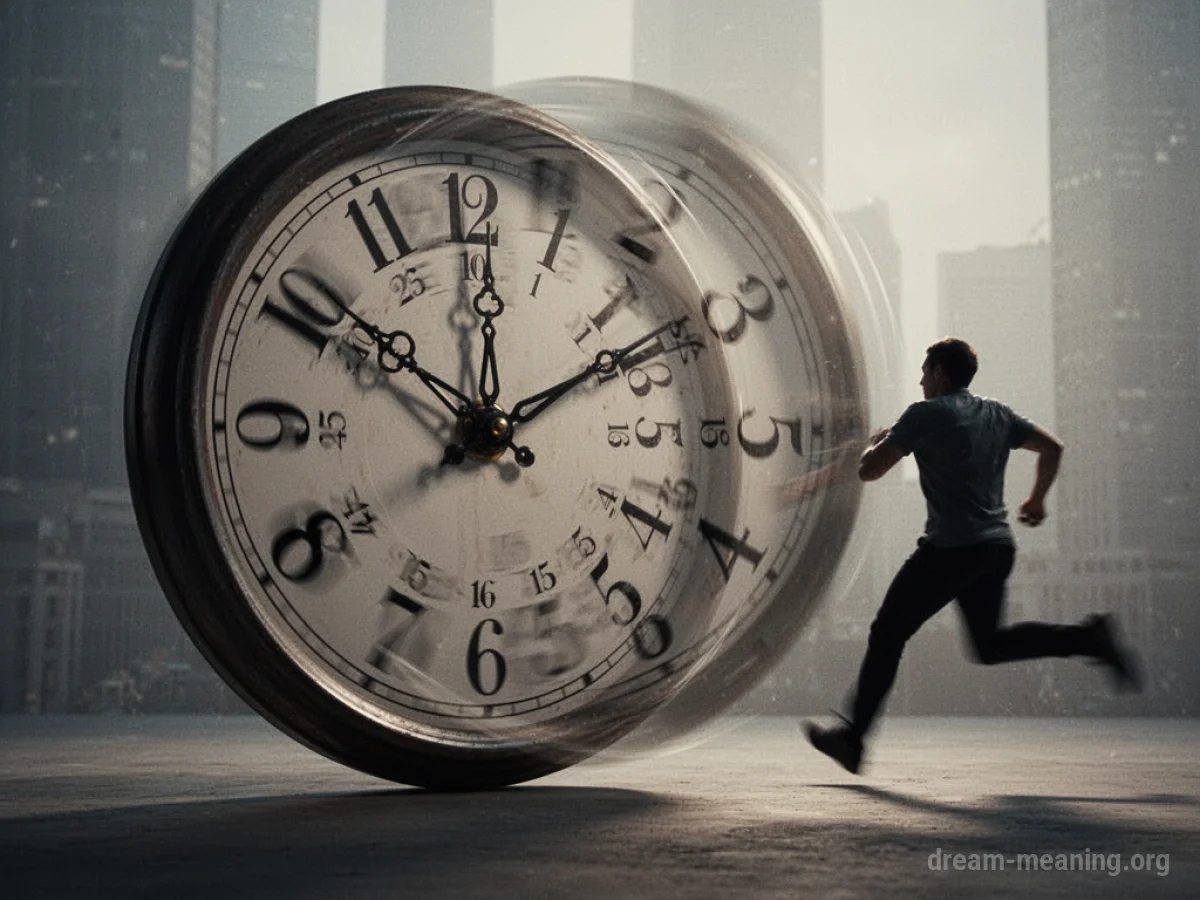 A clock with fast-spinning hands and a rushing silhouette.