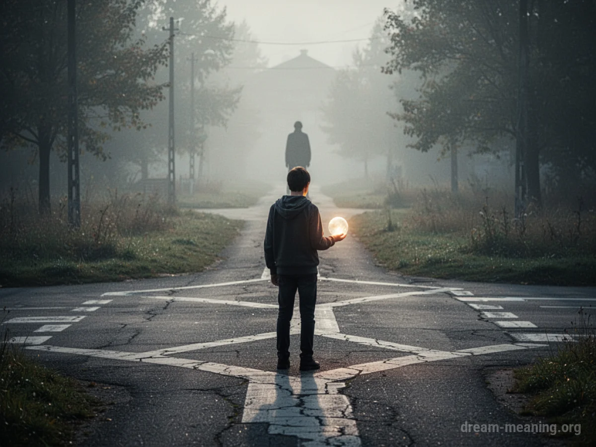 A person stands at a fork in the road, illuminated by a light from their hand.