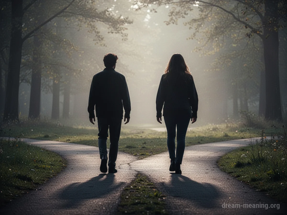 Two silhouetted figures parting ways on a split path.