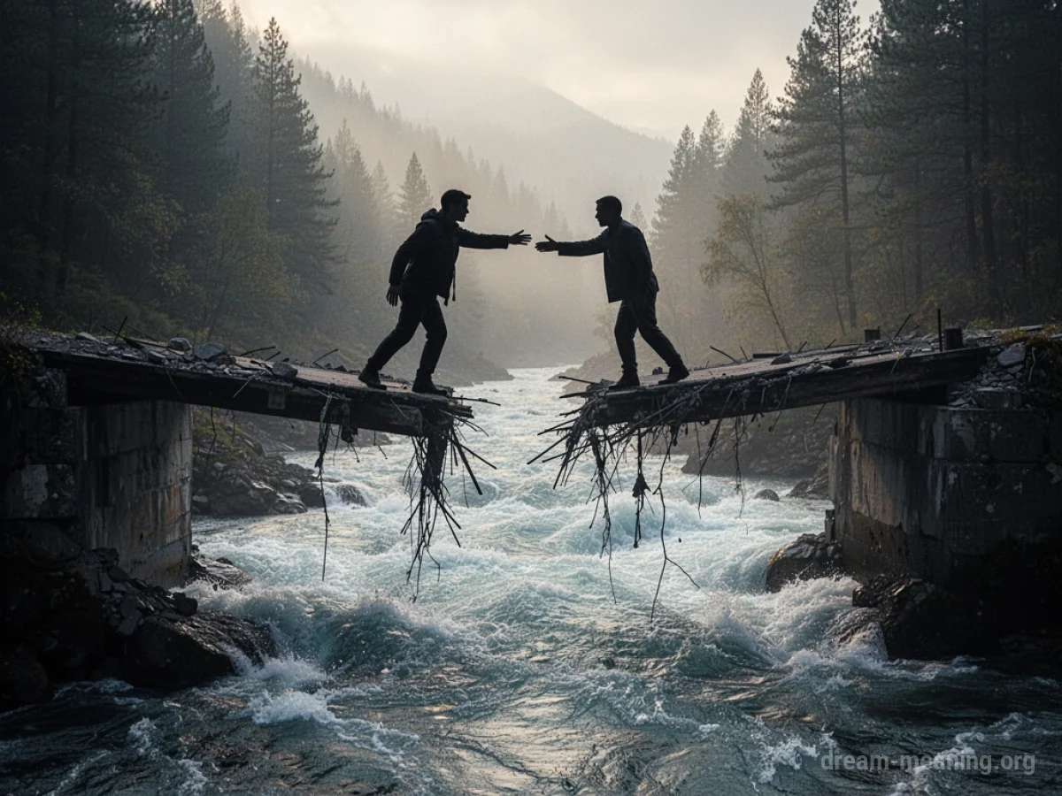 A silhouette figure extending a hand towards another silhouette figure on a broken bridge.