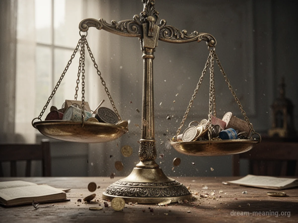 A metal balance scale with one pan tilted sharply downward.