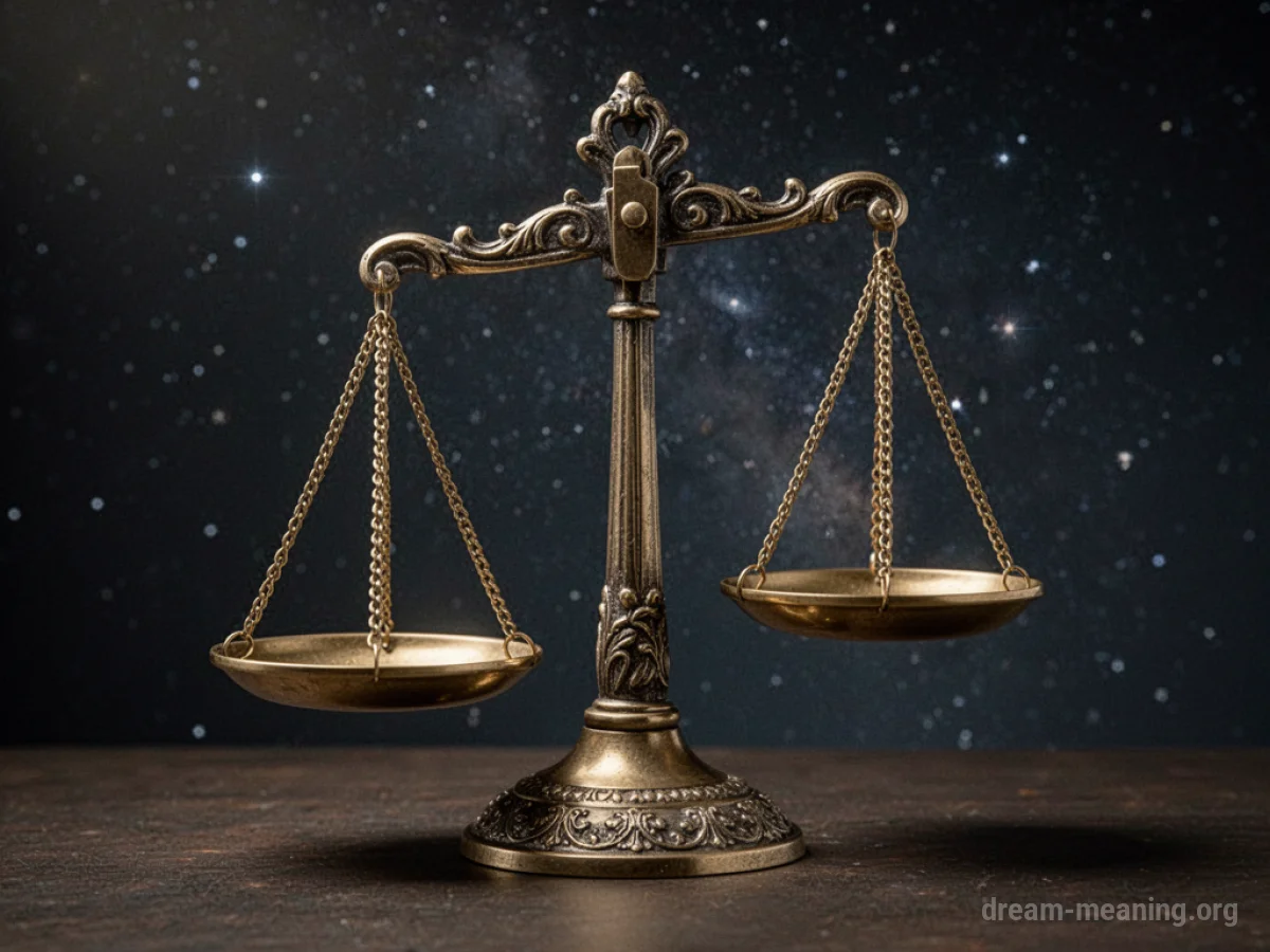 A balance scale with one side lower than the other against a starry sky.