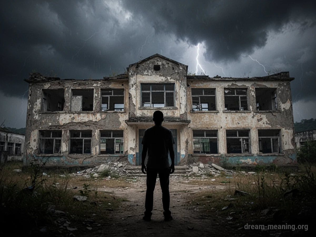 A silhouette of a person against a crumbling school building.