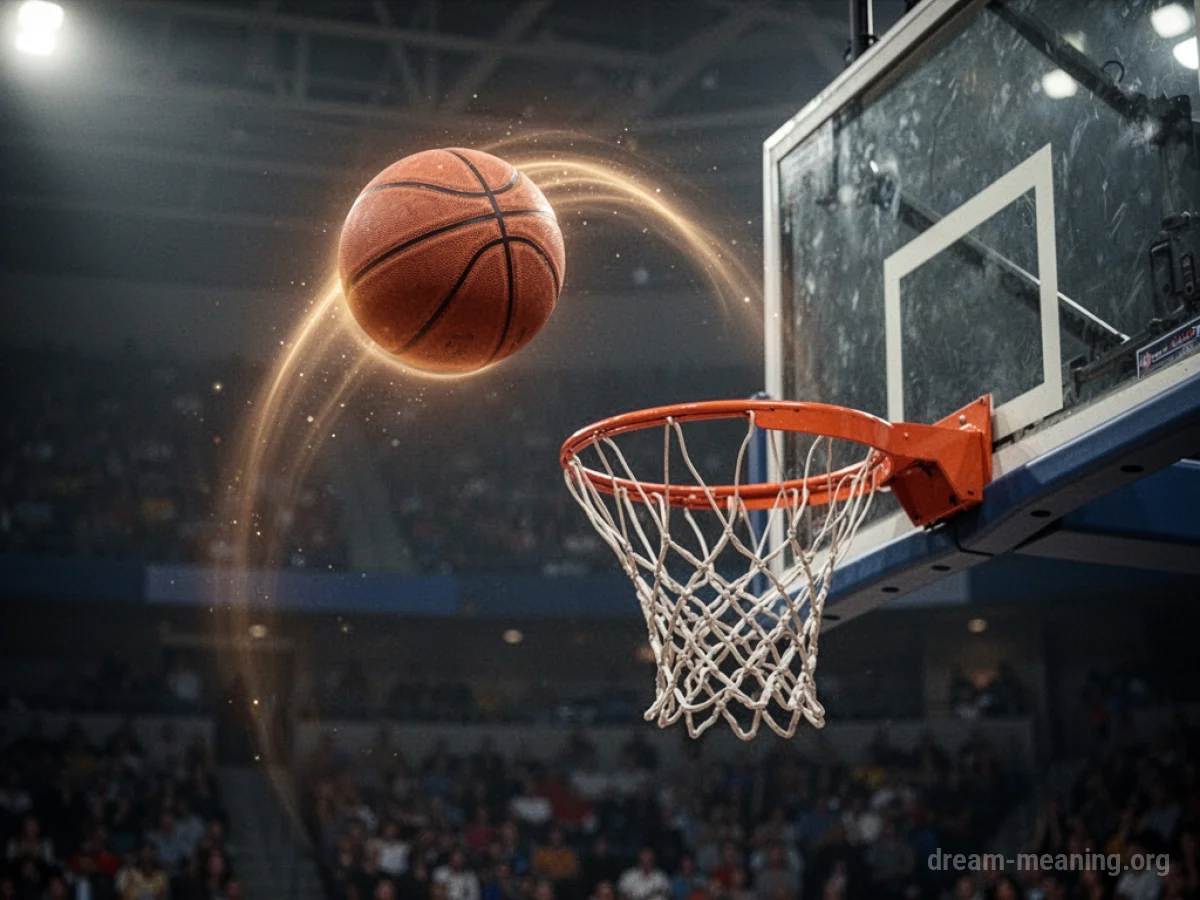 A basketball in mid-air moving towards a basketball hoop.