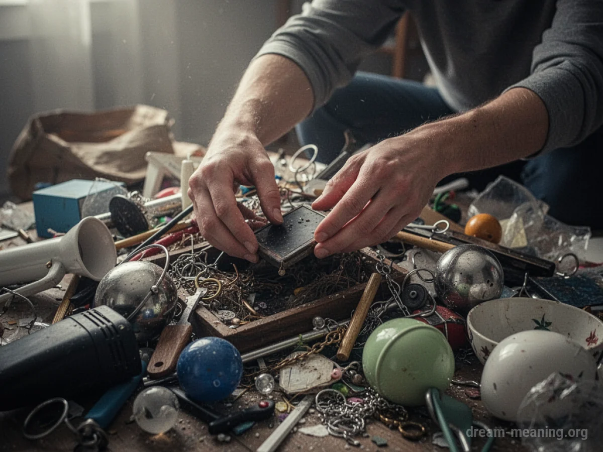Hands sifting through a messy pile of items, searching.