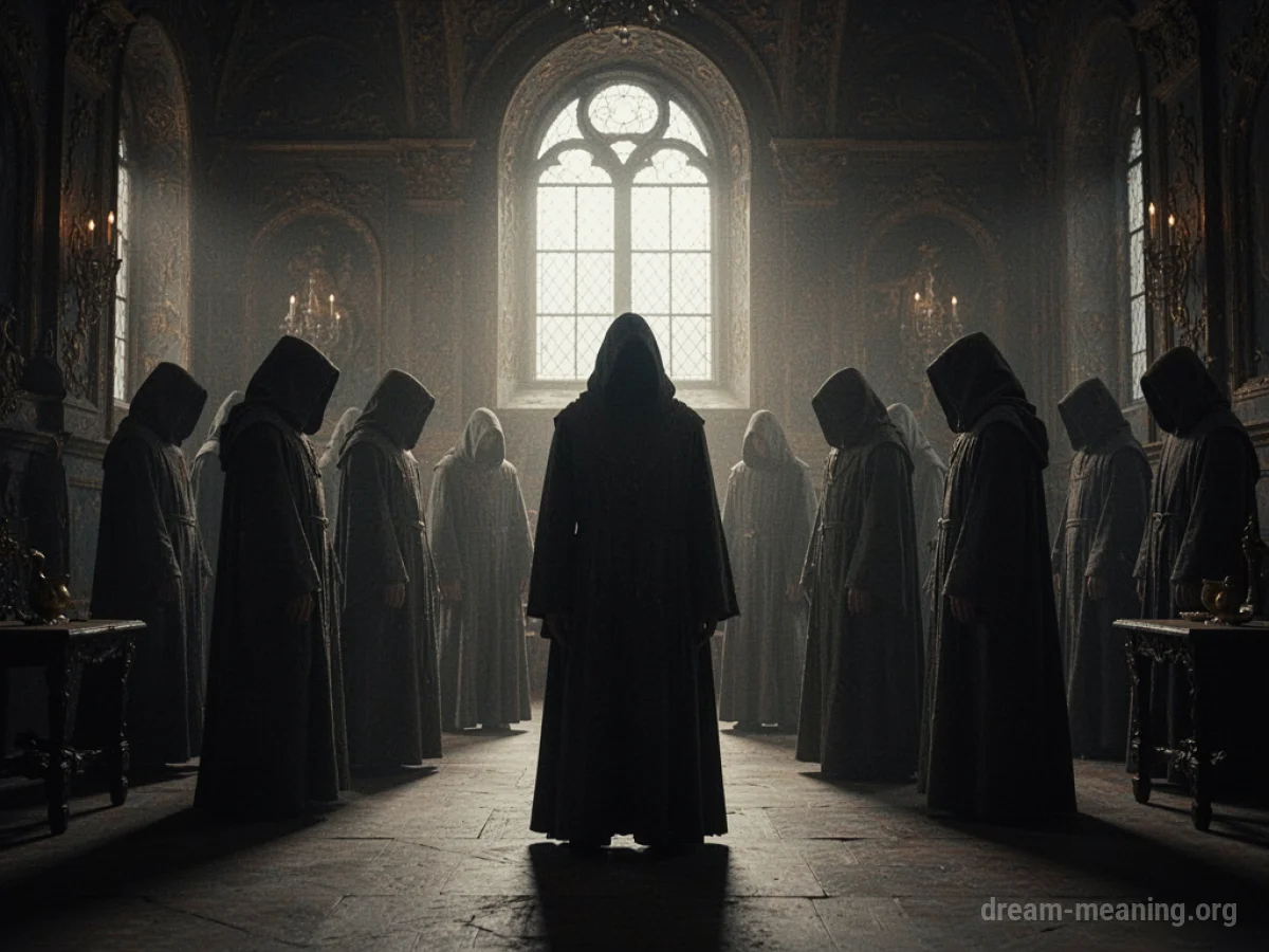 Silhouettes of robed figures in a circle in a dark room.