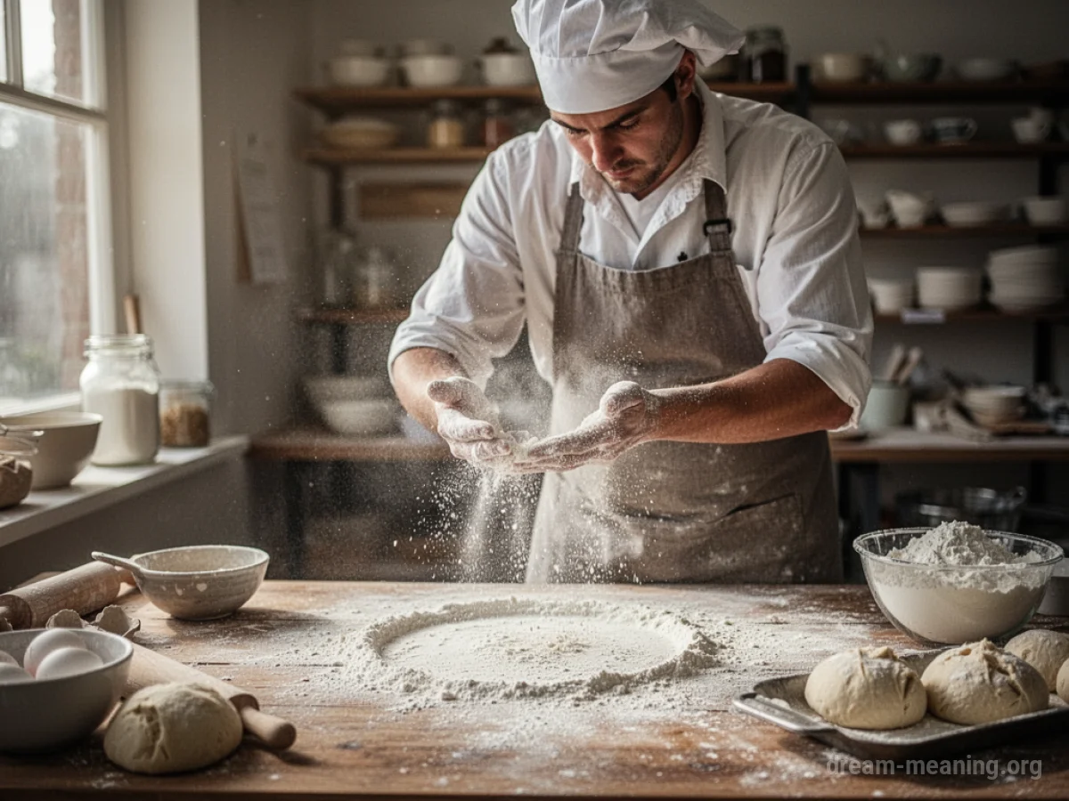 A baker in an apron and hat stands behind a wooden counter, dusting it with flour.