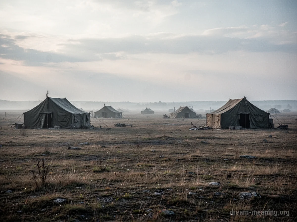 A desolate, open field with scattered, faint structures in the distance.