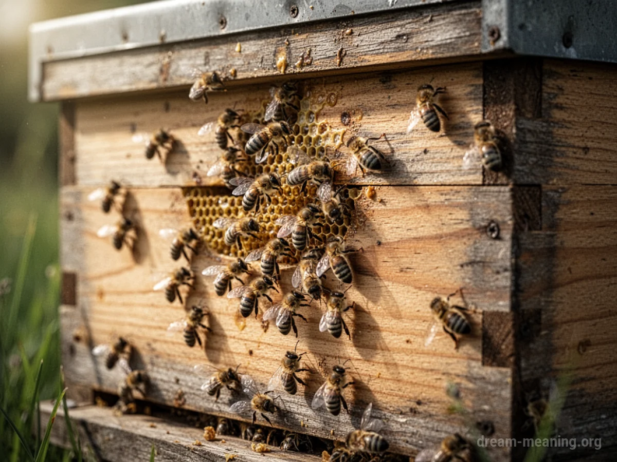 A close-up view of a wooden beehive with bees flying around its entrance.