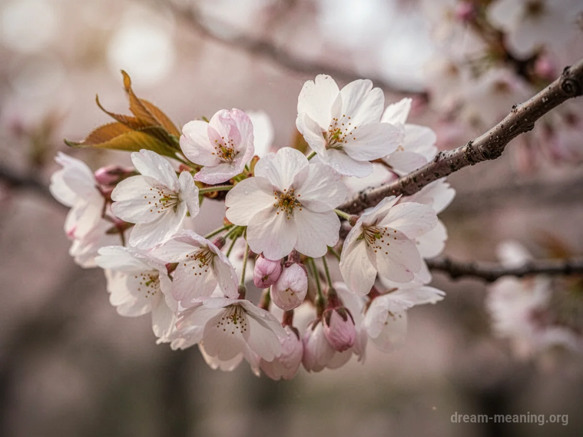 Close-up of pink cherry blossoms on a branch.