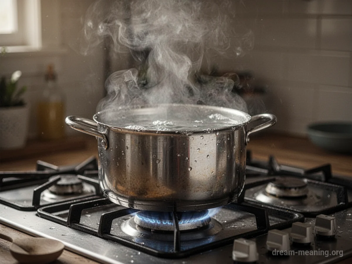 Steam rising rapidly from a pot of boiling water on a stove.