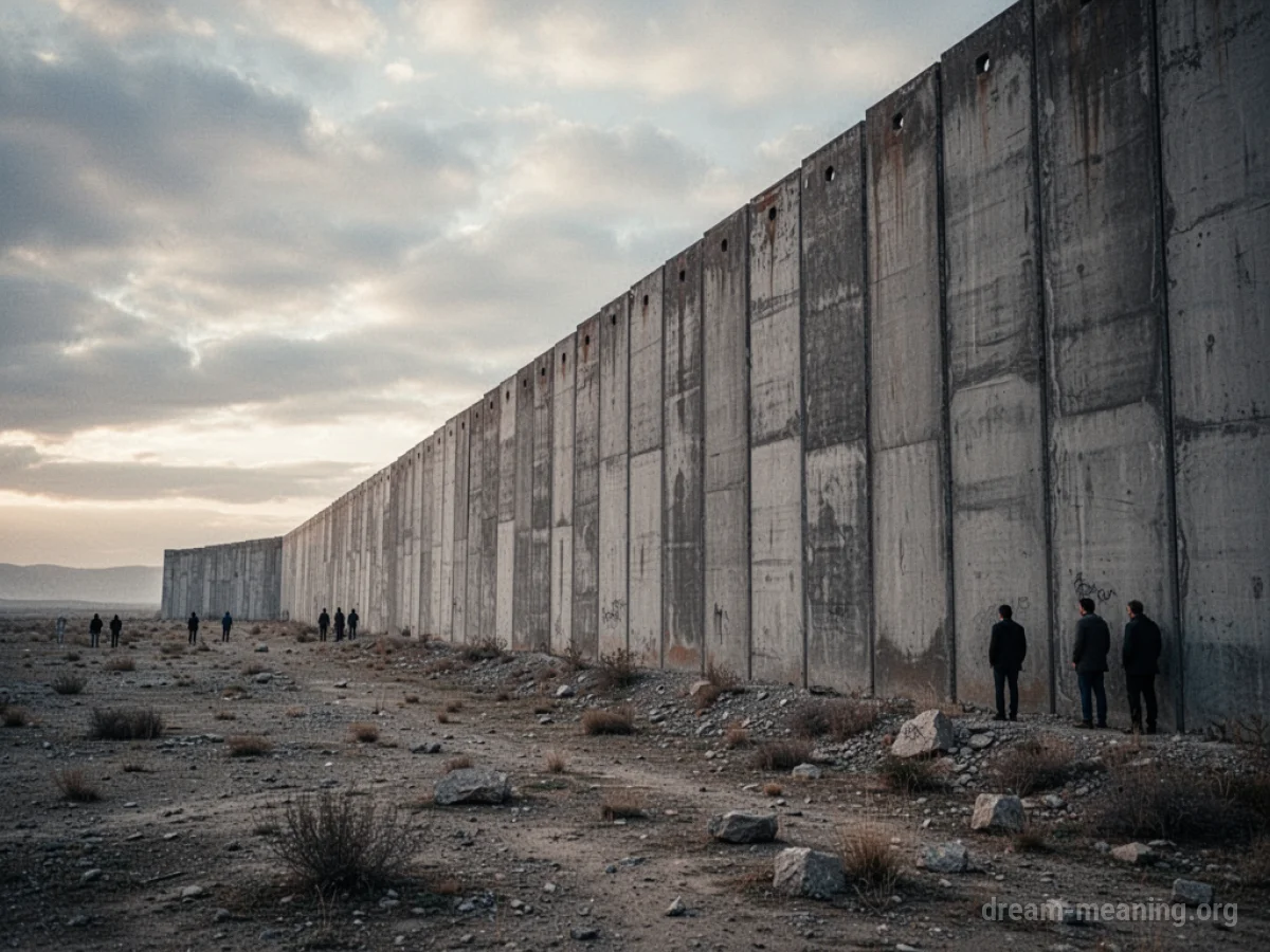 A long, high concrete wall dividing two barren landscapes under a gray sky.