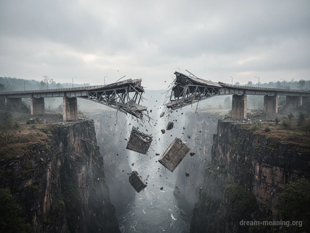 A bridge mid-collapse with sections falling into mist.