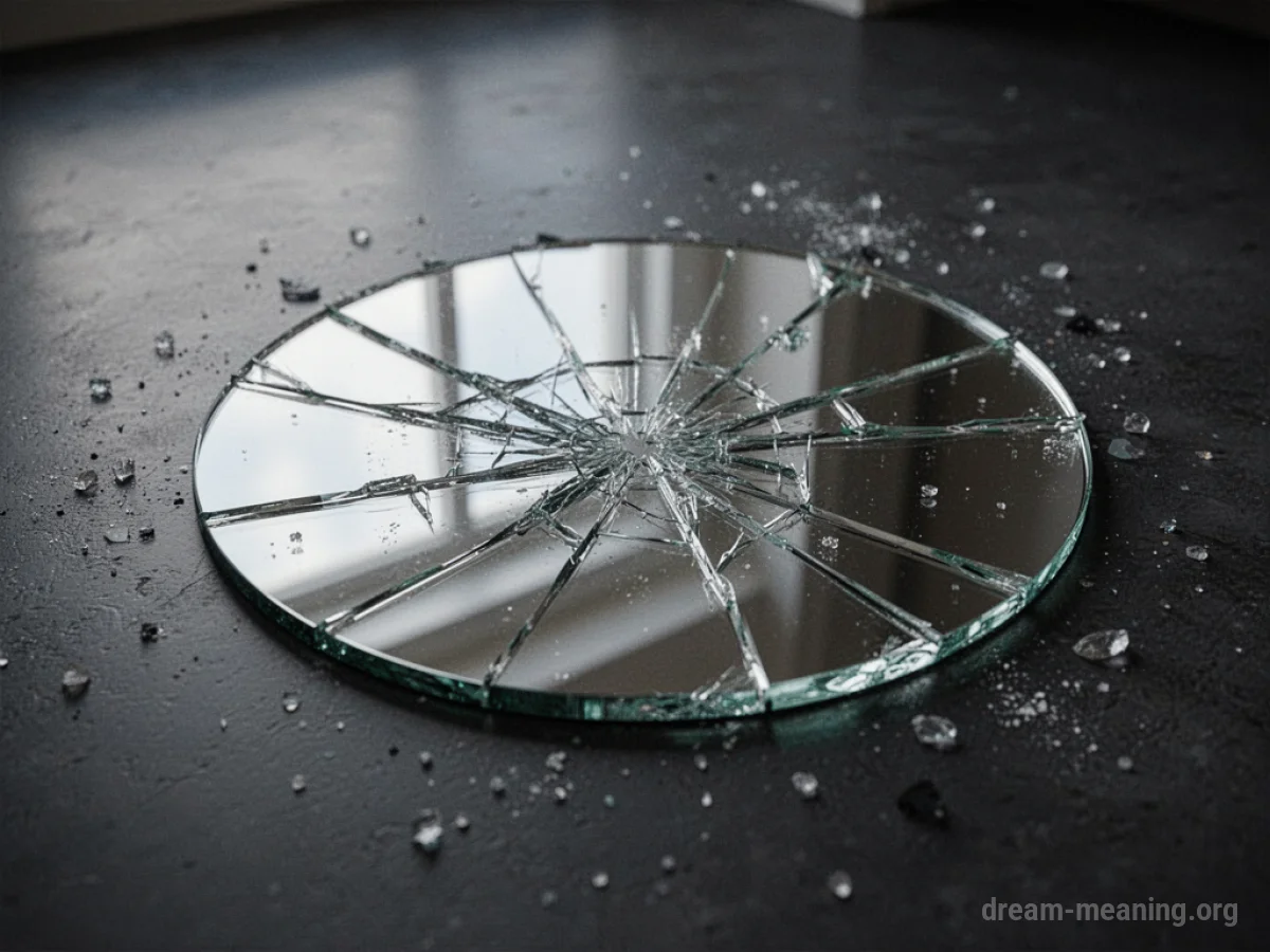 A close-up of a mirror with multiple cracks spreading across its surface.