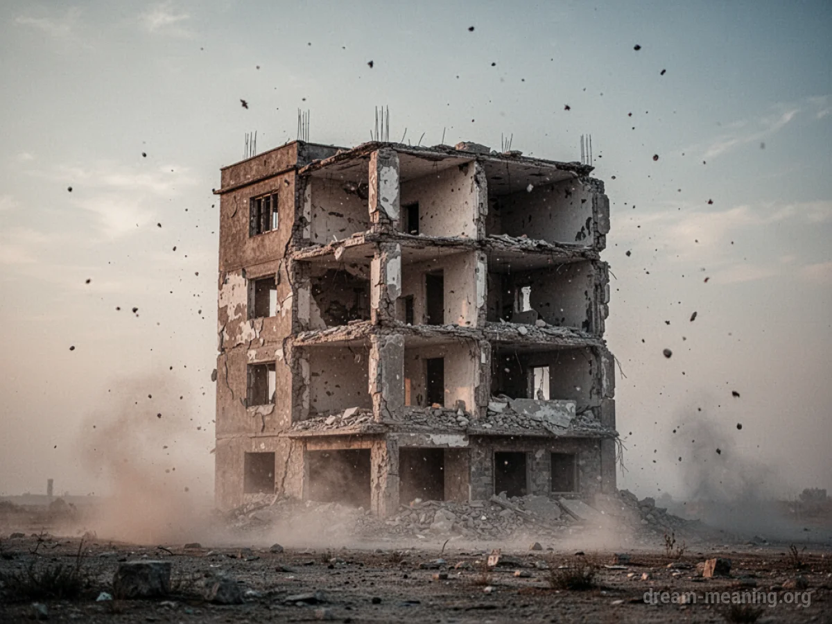 A crumbling building with dust in the air.