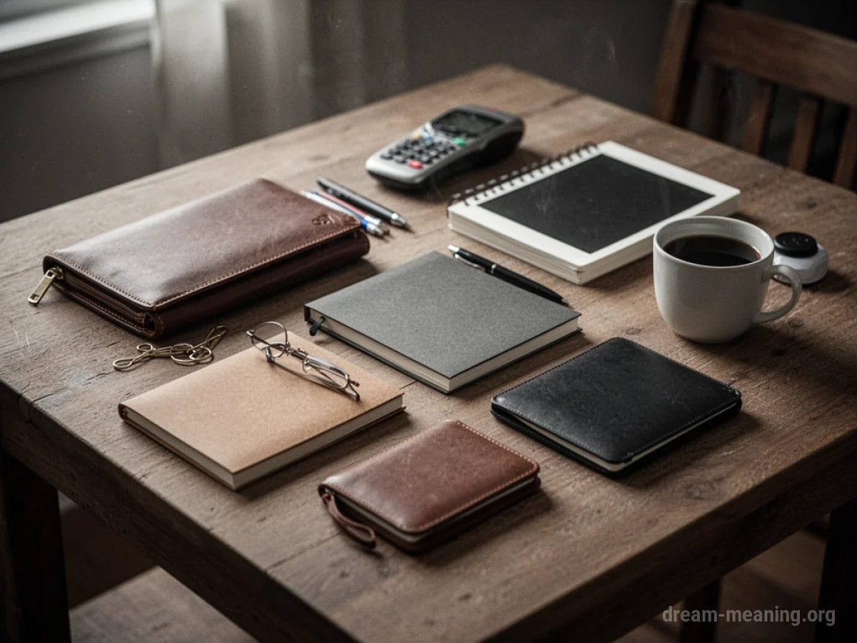 Various personal items like a wallet, keys, and a book laid out on a surface.