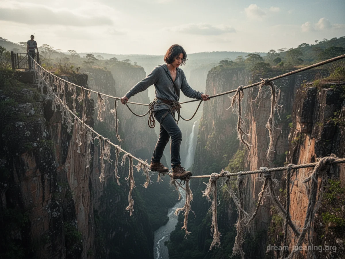 A person precariously balanced on a thin, worn rope over a deep canyon.