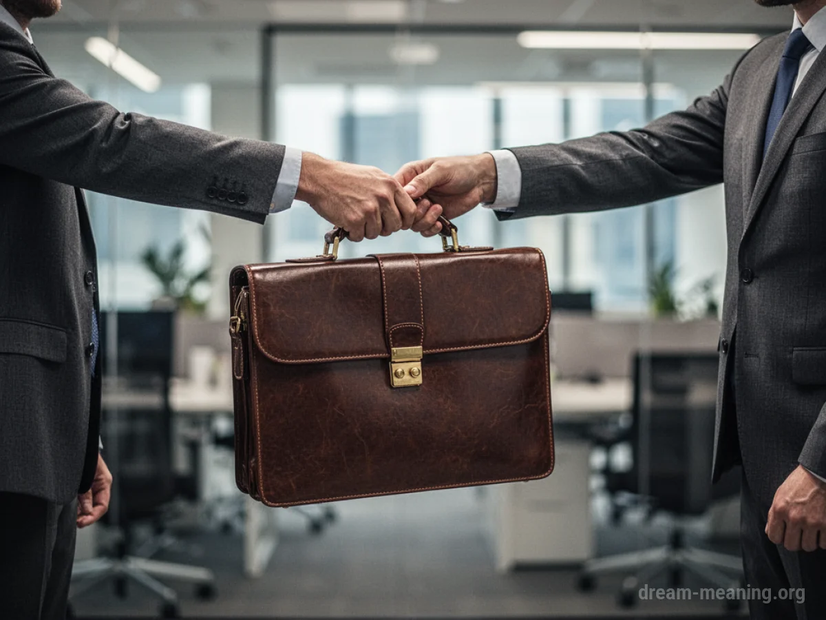 Two silhouetted figures exchanging a briefcase in an office.