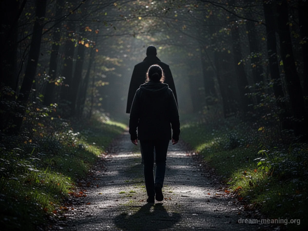 A shadowy figure trails behind a person on a path.