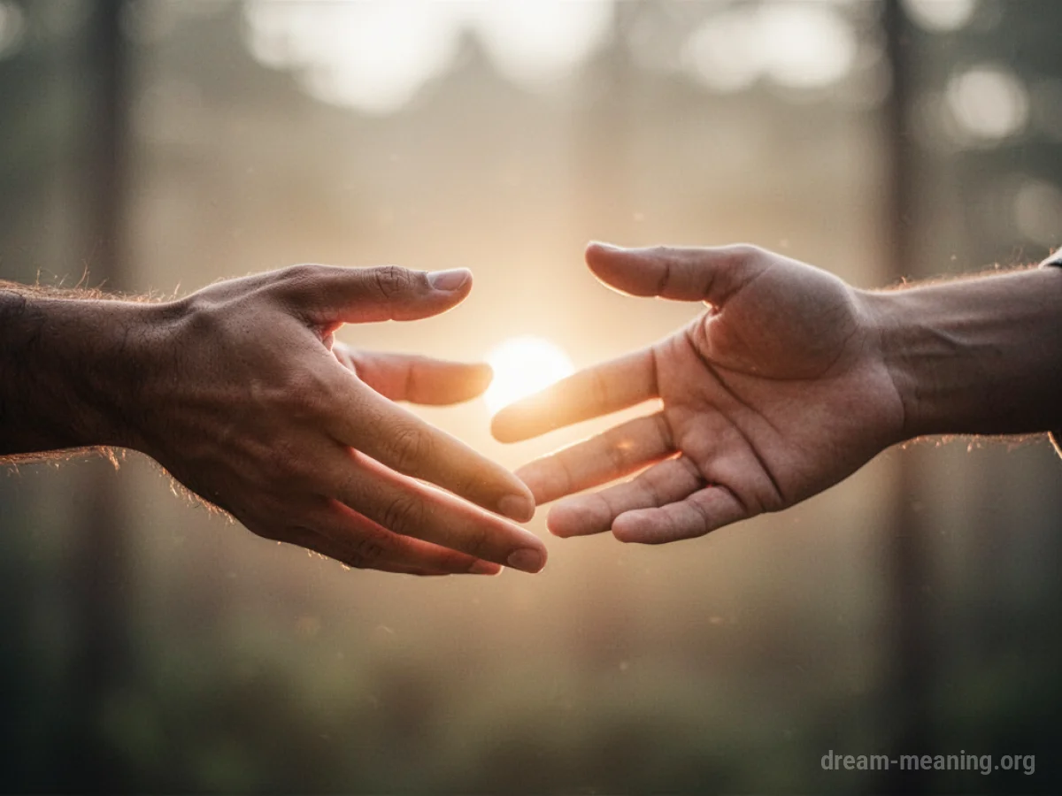 Two hands reaching towards each other with light between them.