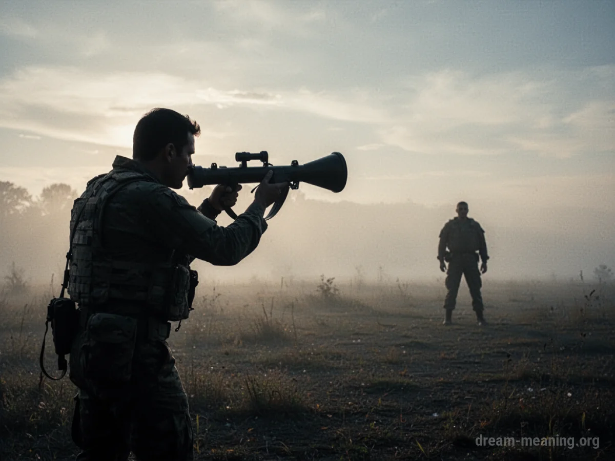 Silhouette of one person aiming a device at another silhouette in the distance.