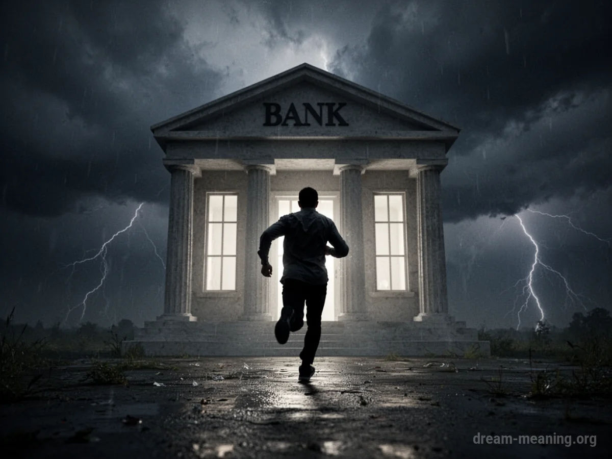 Silhouette of a person running from a bank under a stormy sky.