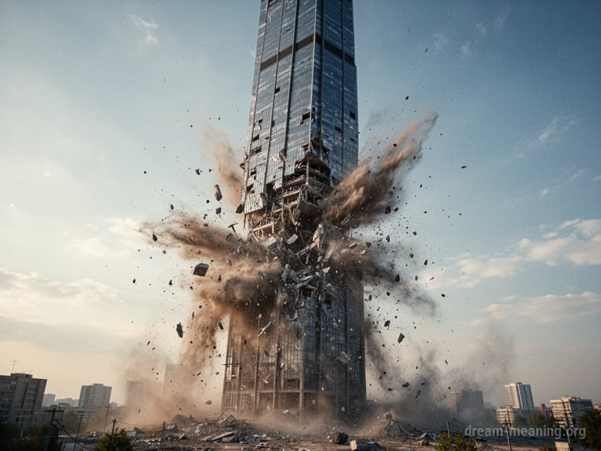 A tall skyscraper fragmenting and falling.
