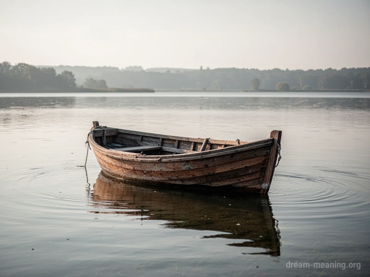 A small wooden rowboat on calm water with a distant shoreline.