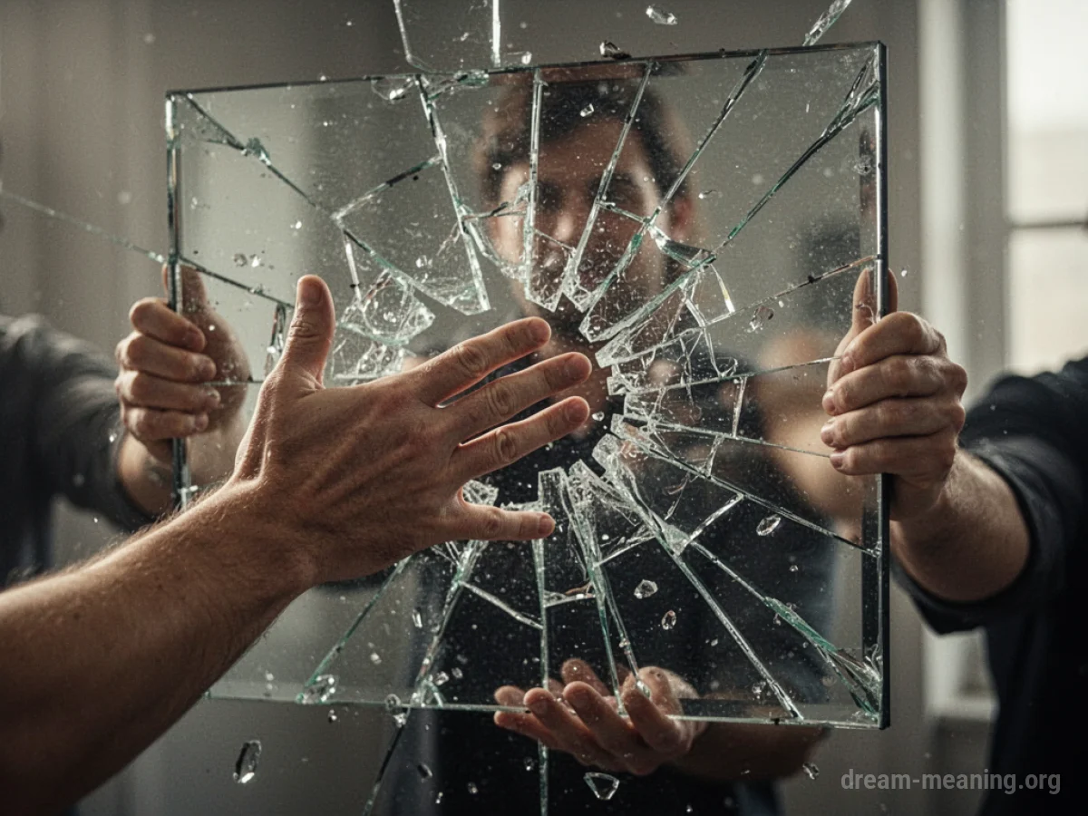 A hand breaking a mirror held by another person, with pieces scattering.