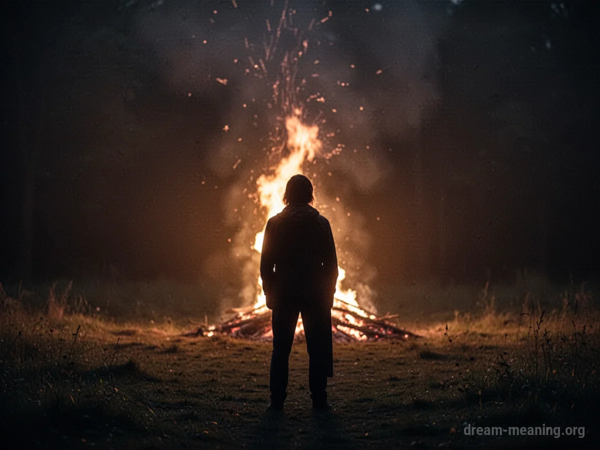 Silhouette of a person facing a distant flame.