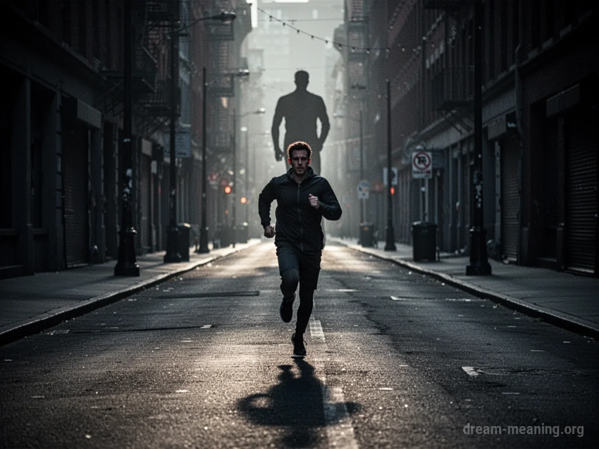 A person running away from a distant, indistinct figure on a dark street.