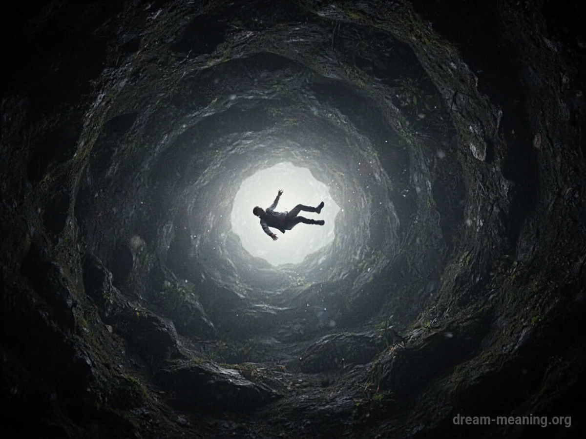 Silhouette of a person falling into a dark, swirling vortex.