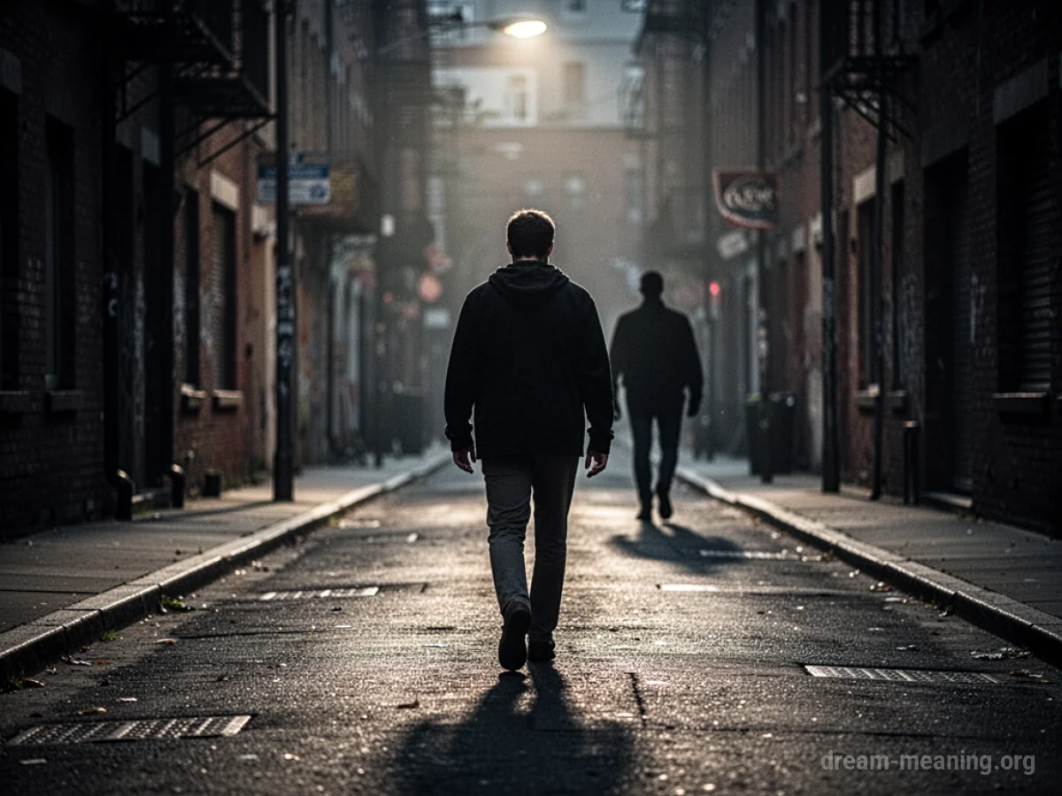 A person walking down a dark street with a long shadow behind them.