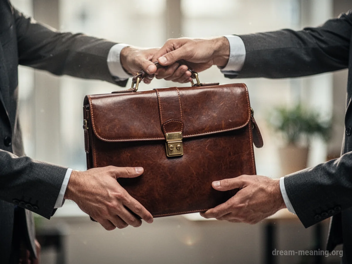 Two pairs of hands, one offering a briefcase to the other.