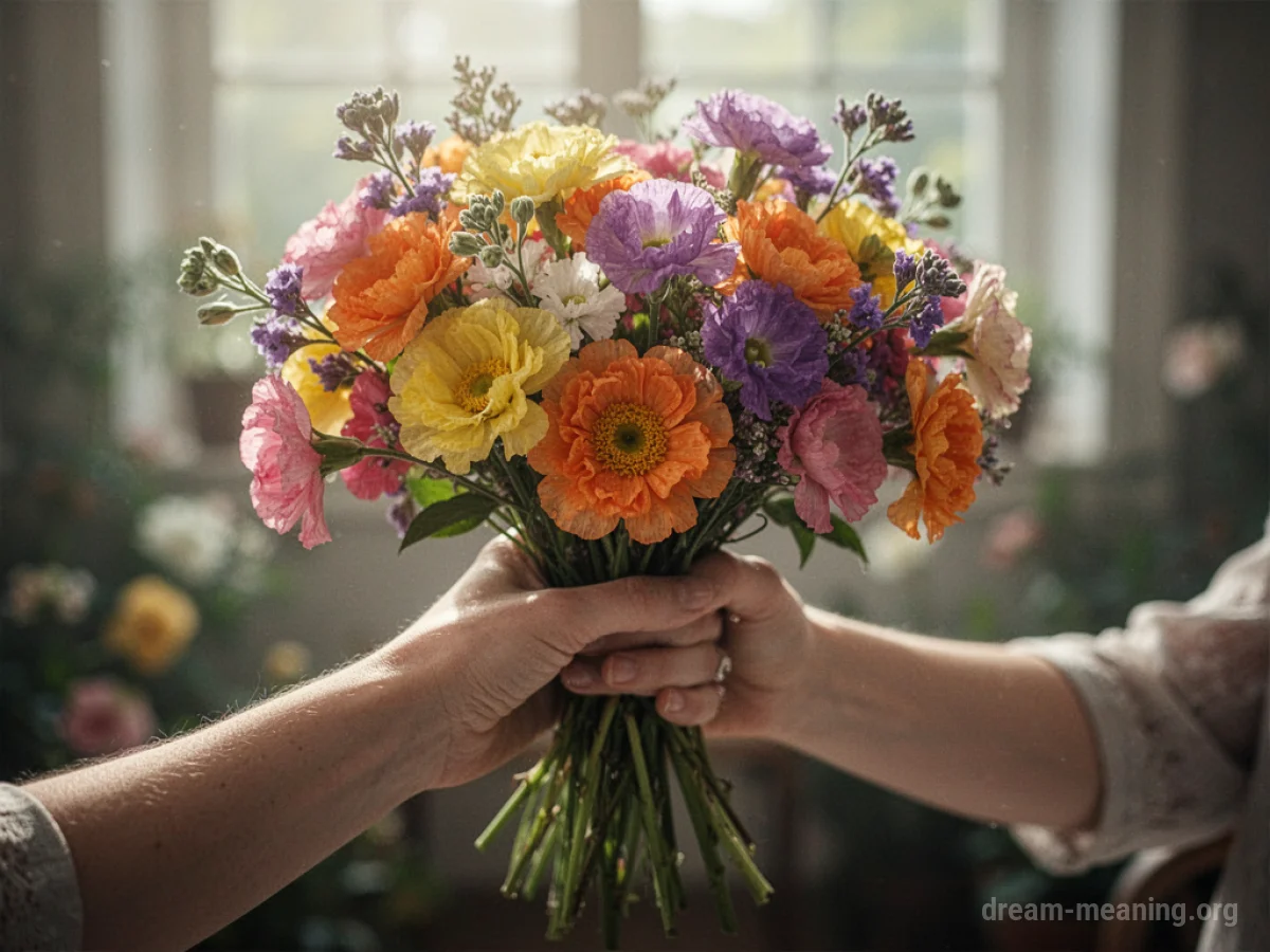 A hand holding out a bunch of colorful flowers.