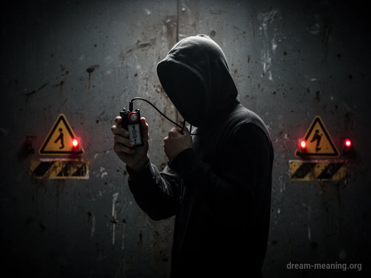 Silhouette of a person holding a detonator.