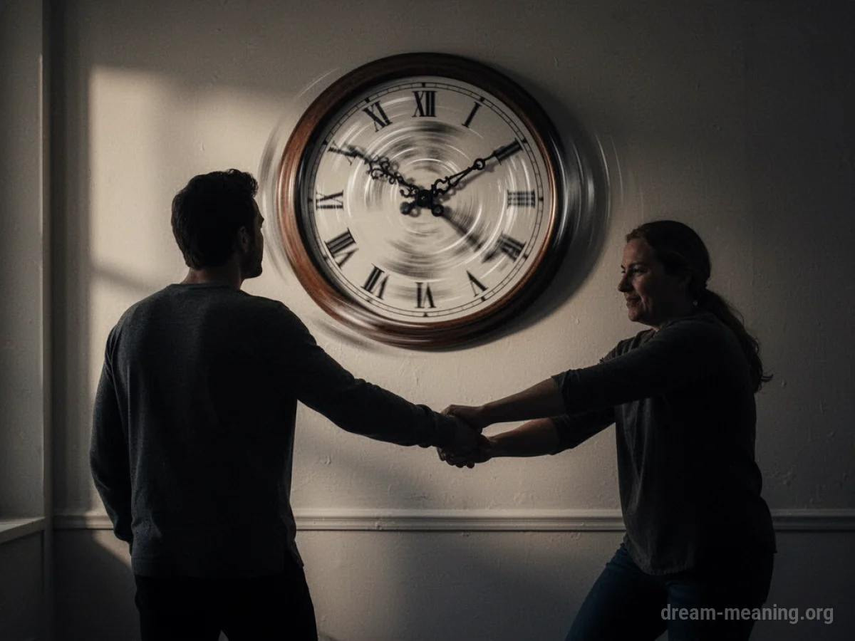 Silhouette of one person being held back by another person while looking at a clock.